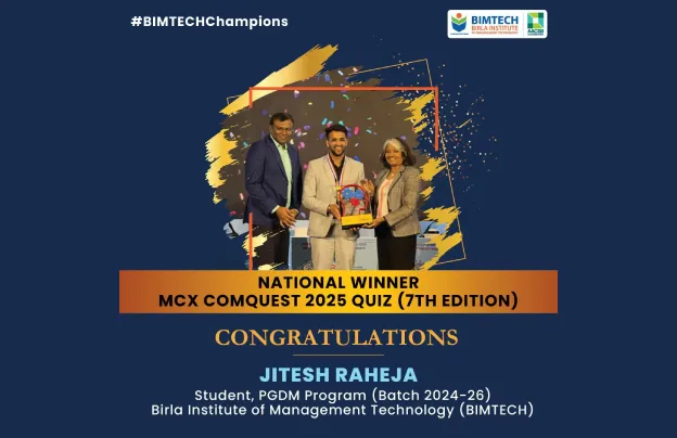 Congratulations Jitesh Raheja, Student, PGDM on being awarded the National Winner at MCX COMQUEST 2025 QUIZ competition organised by Multi Commodity Exchange of India Ltd.!